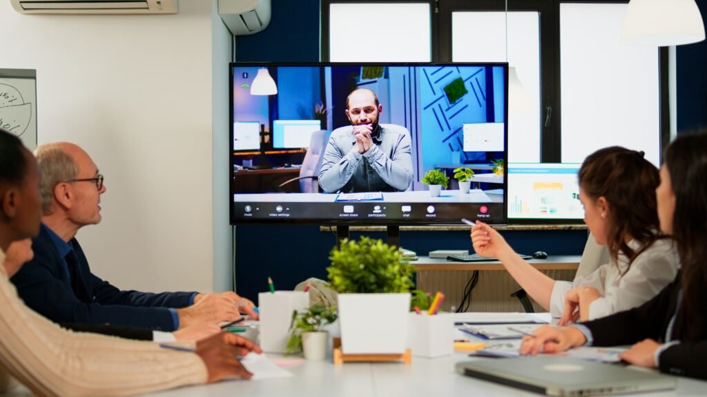 Manager man talking with colleague using video call for virtual meeting